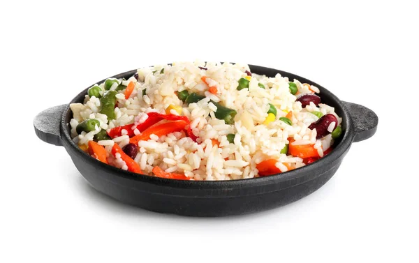 Boiled rice with vegetables in frying pan on white background — Stock Photo, Image