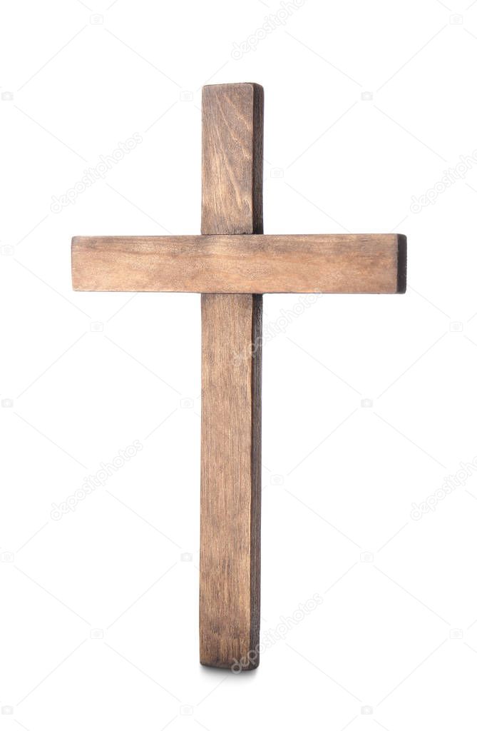 Wooden cemetery cross on white background