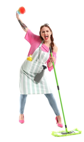 Grappige huisvrouw op witte achtergrond — Stockfoto