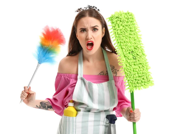Funny housewife on white background — Stock Photo, Image