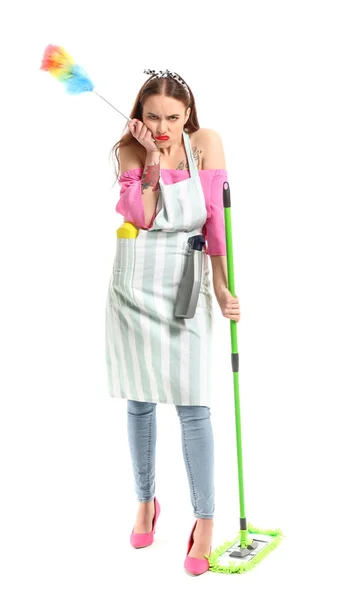 Angry housewife on white background