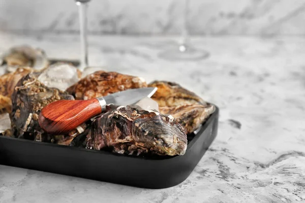 Beyaz arka planda lezzetli soğuk istiridye tepsisi