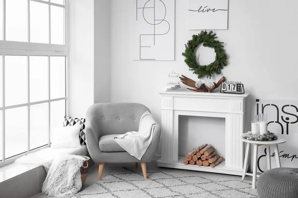 Stylish interior of living room with Christmas decor — Stock Photo, Image