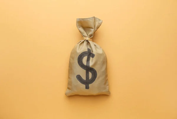 Renk arkaplanı üzerinde para olan çanta — Stok fotoğraf