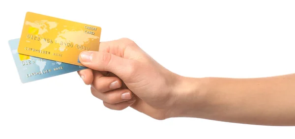 Mão feminina com cartões de crédito em fundo branco — Fotografia de Stock