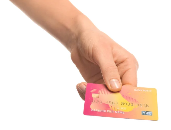 白い背景にクレジットカードを持つ女性の手 — ストック写真