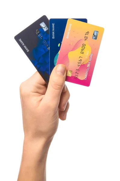 Beyaz arka planda kredi kartı olan bir kadın. — Stok fotoğraf