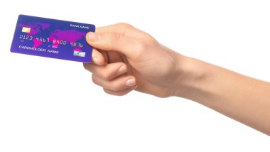 Beyaz arka planda kredi kartı ile kadın el