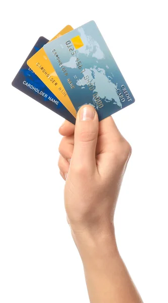 Beyaz arka planda kredi kartı olan bir kadın. — Stok fotoğraf