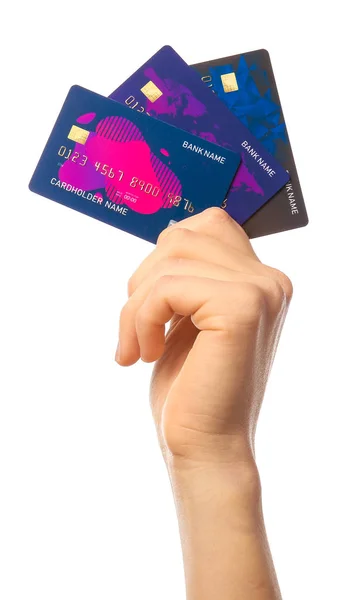 Female hand with credit cards on white background — Stock Photo, Image