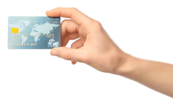 Vrouwelijke hand met creditcard op witte achtergrond — Stockfoto