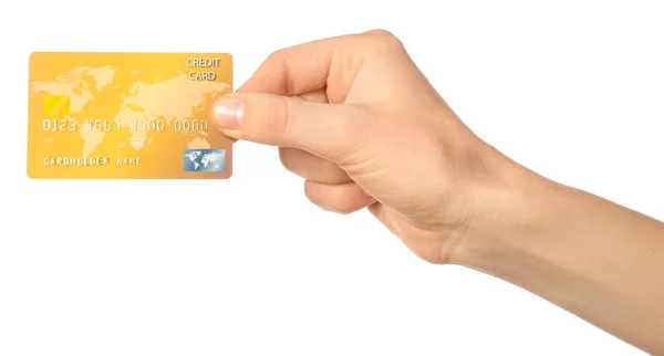 Ženská ruka s kreditní kartou na bílém pozadí — Stock fotografie