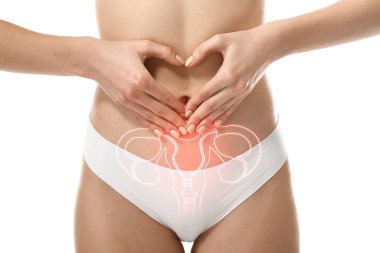 Young woman with drawing of reproductive system on white background, closeup. Gynecology concept clipart