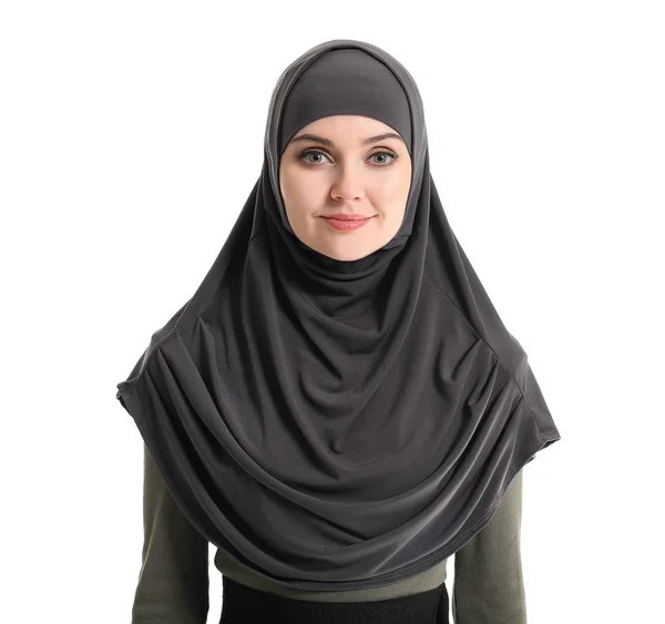 Beautiful young Muslim woman on white background — Stock Photo, Image