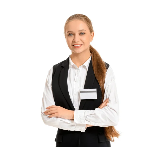 Portrait of female receptionist on white background — Stock Photo, Image