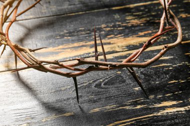 Wreath of thornes on dark wooden background, closeup