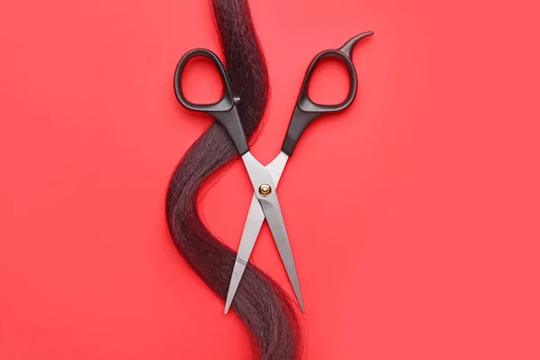 Ножницы и прядь волос на цветном фоне — стоковое фото