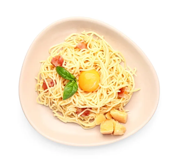 Plate with tasty pasta carbonara on white background — Stock Photo, Image