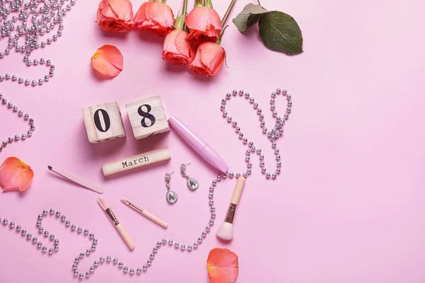 Composition for International Women's Day on color background — Stock Photo, Image