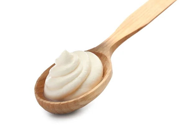 白い背景においしいクリームチーズのスプーン — ストック写真
