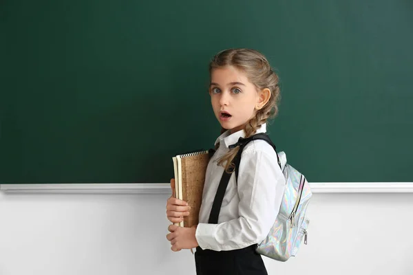 Sorpresa piccola studentessa vicino alla lavagna in classe — Foto Stock