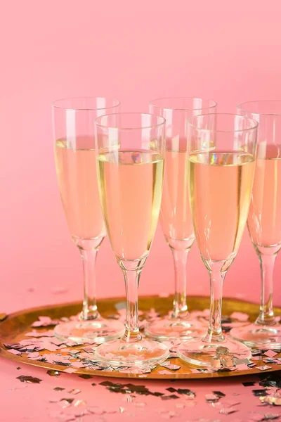 Glasses of tasty champagne on color background — Stock Photo, Image