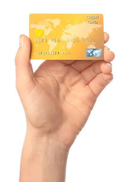 Ženská ruka s kreditní kartou na bílém pozadí — Stock fotografie
