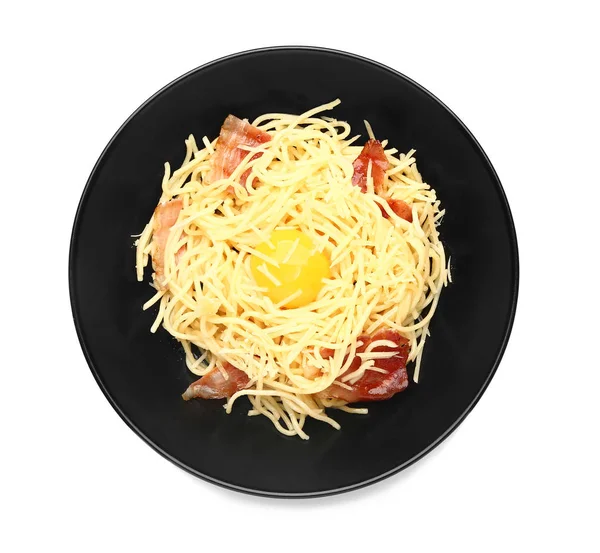 Plate with tasty pasta carbonara on white background — Stock Photo, Image