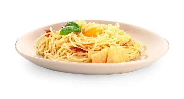 Plate with tasty pasta carbonara on white background — Stock Photo, Image