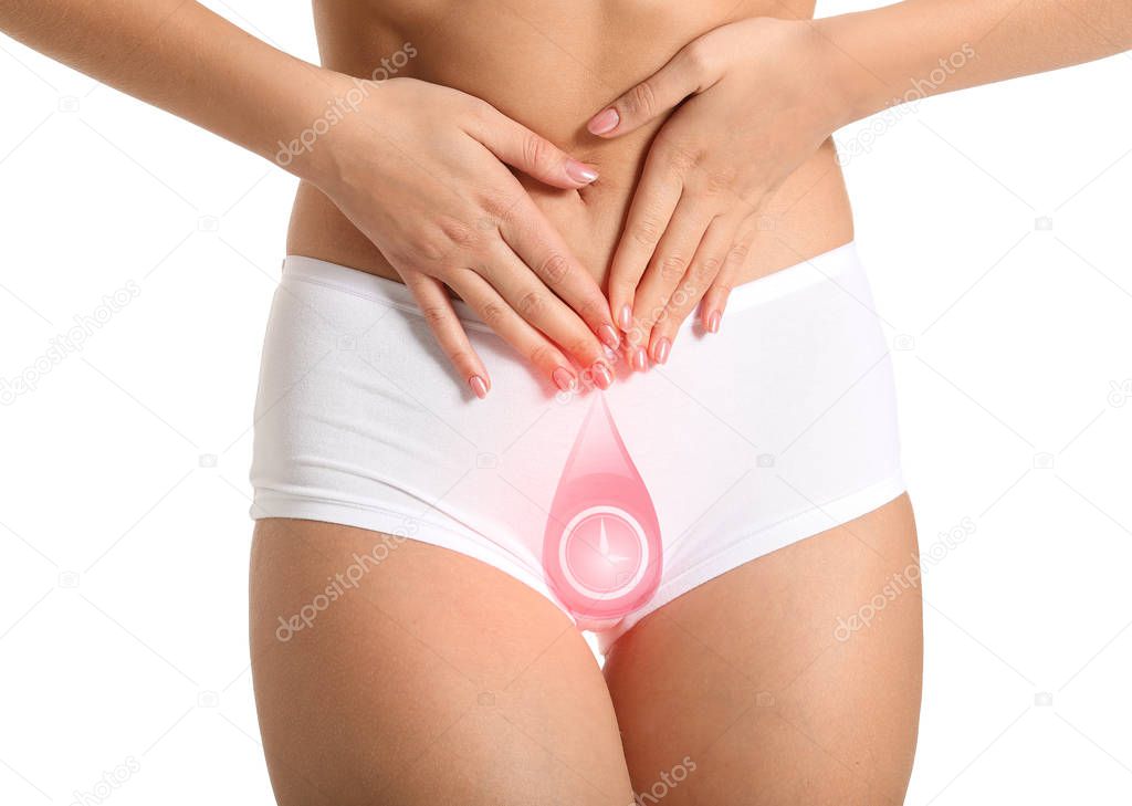 Young woman on white background, closeup. Gynecology concept