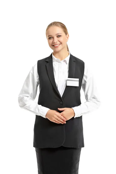 Porträtt av kvinnliga receptionisten på vit bakgrund — Stockfoto