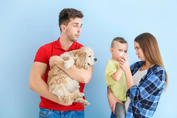 Пара с собакой и их маленьким сыном, страдающими от аллергии на животных на цветном фоне — стоковое фото