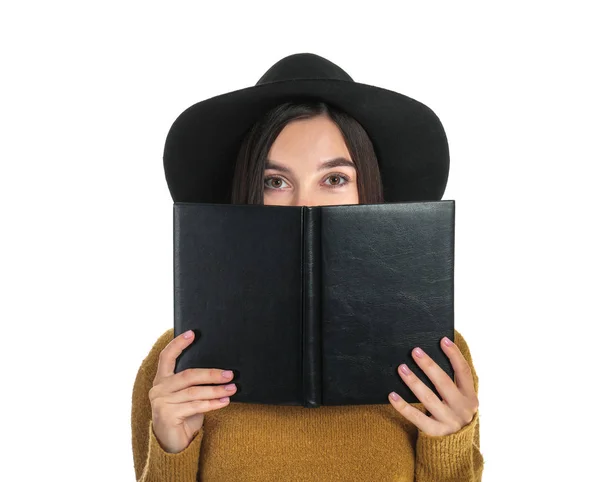 Beautiful young woman reading book on white background — Stock Photo, Image