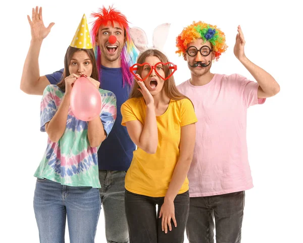 People in funny disguise on white background. April fools' day celebration — ストック写真