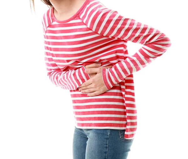 Young woman suffering from stomachache on white background — Stock Photo, Image