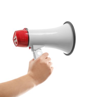 Beyaz arka planda megafonu olan bir kadın el.