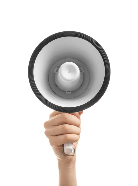 Female hand with megaphone on white background — Stock Photo, Image