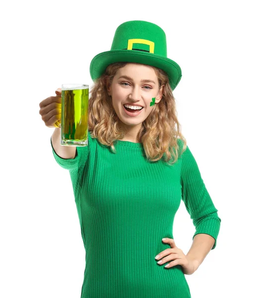Young woman with beer on white background. St. Patrick's Day celebration — 스톡 사진