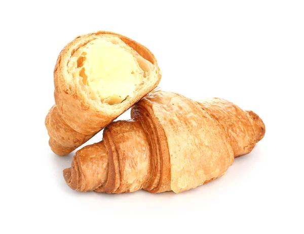 Tasty sweet croissants on white background — Stock Photo, Image