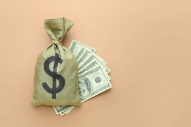 Renk arkaplanı üzerinde para ve dolar banknotları olan çanta