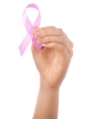 Female hand with pink ribbon on white background. Cancer awareness concept