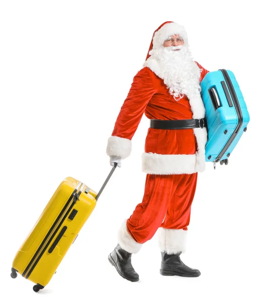 Święty Mikołaj z bagażem na białym tle. Pojęcie urlopu — Zdjęcie stockowe