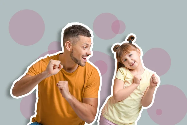 Pai e sua filhinha dançando contra fundo de cor — Fotografia de Stock