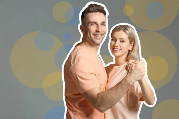 Happy dancing young couple on color background — Stock Photo, Image