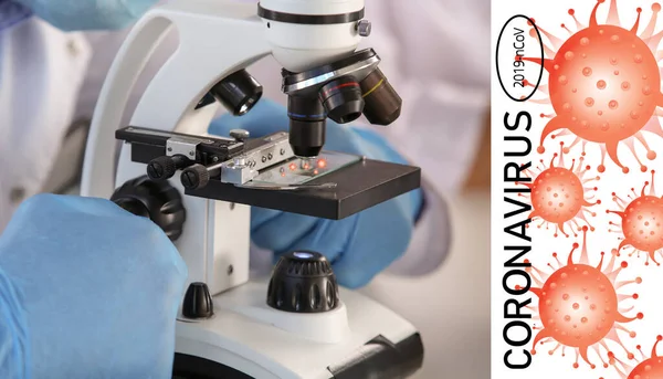 Científico masculino con microscopio trabajando en laboratorio, de cerca. Concepto de epidemia de Coronavirus — Foto de Stock
