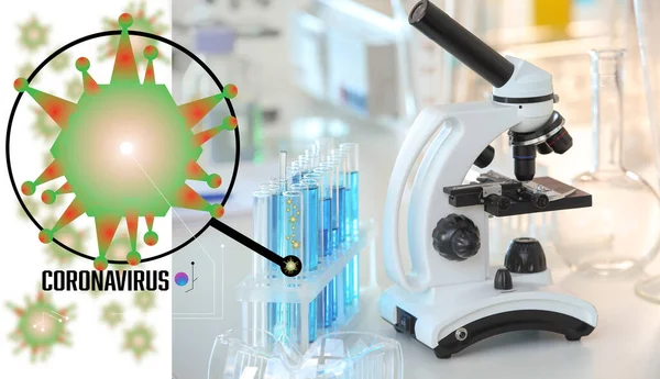 Tubos de ensayo con muestras y microscopio en la mesa del laboratorio. Concepto de epidemia de Coronavirus — Foto de Stock