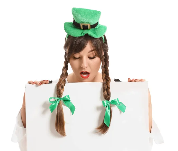 Funny young woman with blank poster on white background. St. Patrick's Day celebration — Stock Photo, Image