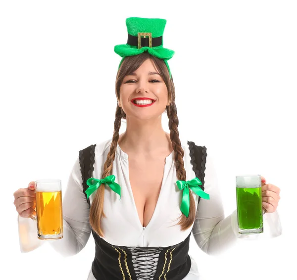 Funny young woman with beer on white background. St. Patrick's Day celebration — Stock Photo, Image
