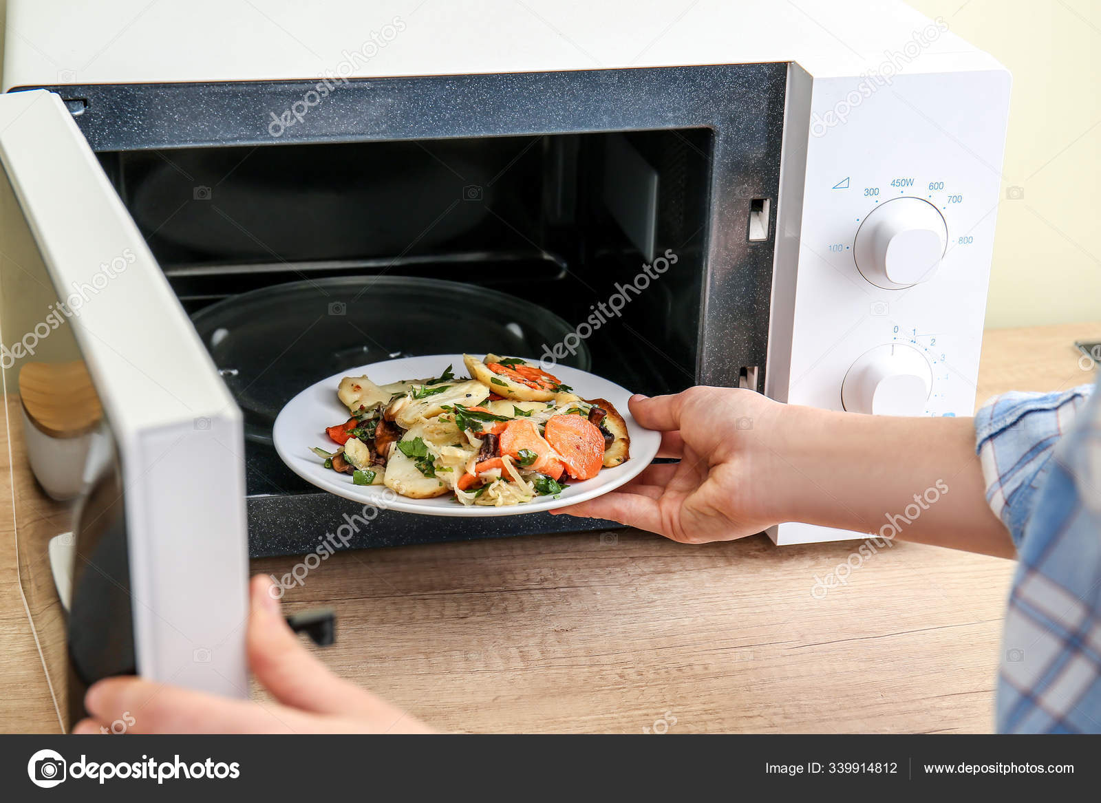 Woman putting plate with food in microwave oven Stock Photo by ©serezniy  339914812