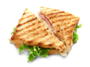 Tasty sandwiches with cheese and ham on white background